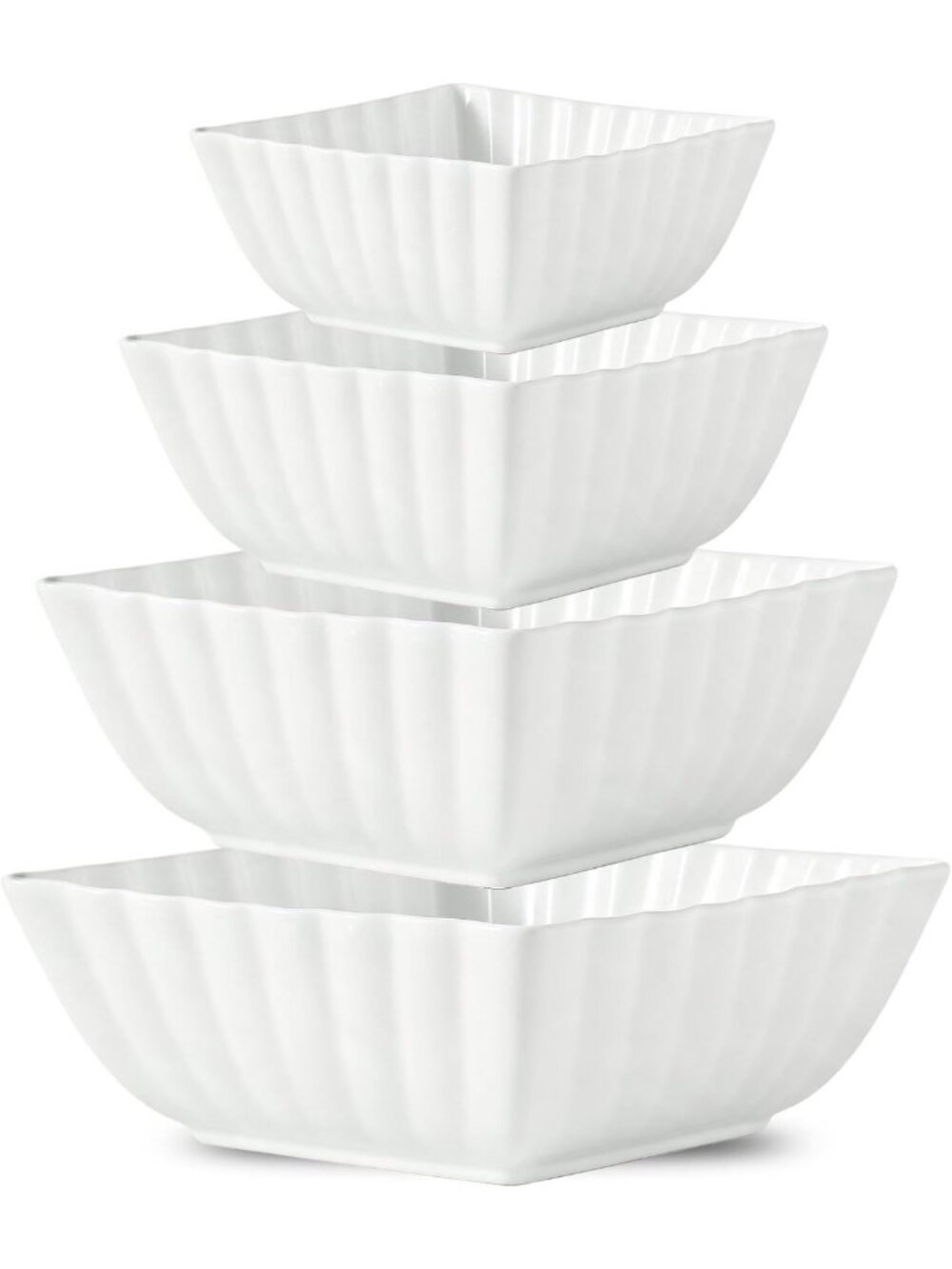 Elegant White Fluted Square Serving Bowls Set - 4 Piece for Entertaining, Salad